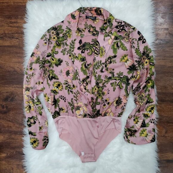ZARA Pink Floral Print Button Front Satin Bloggers Long Sleeve Bodysuit Medium - Picture 6 of 15